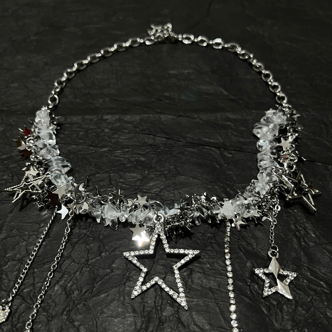 Y2K Acubi Messy Chain Star Tassel Choker - Clear Crystal Cyber Fairy Grunge Necklace