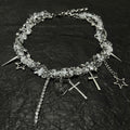 Y2K Acubi Aesthetic Clear Crystal Heart Cross Necklace - Cyber Fairy Star Tassel Choker