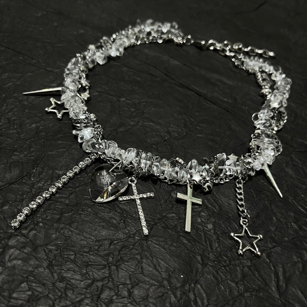 Y2K Acubi Aesthetic Clear Crystal Heart Cross Necklace - Cyber Fairy Star Tassel Choker