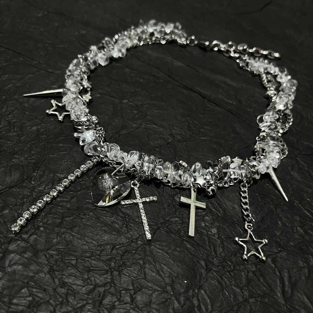 Y2K Acubi Aesthetic Clear Crystal Heart Cross Necklace - Cyber Fairy Star Tassel Choker
