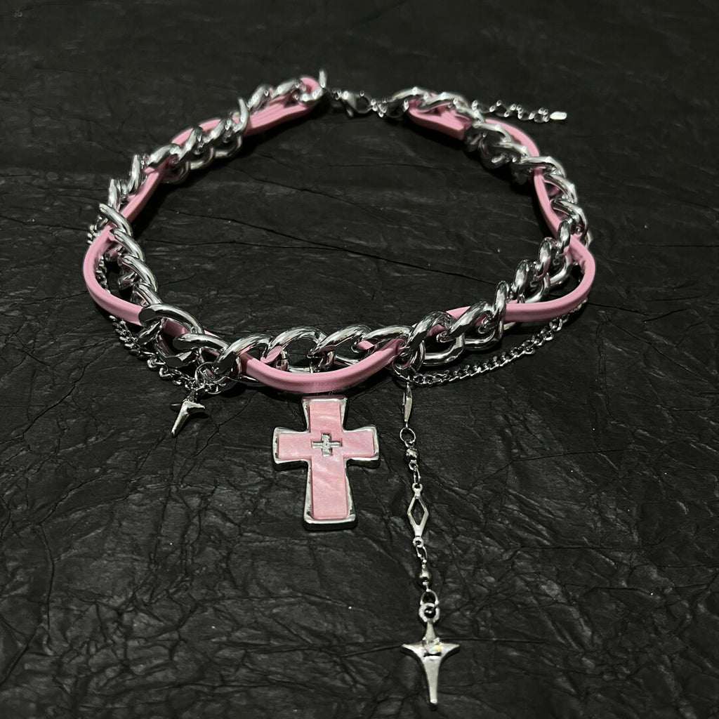 Y2K Pastel Goth Pink Cross Chain Choker - Sweet Cool Leather Necklace with Silver Tassels