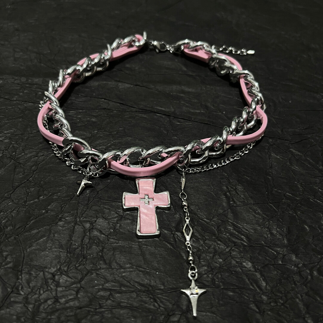 Y2K Pastel Goth Pink Cross Chain Choker - Sweet Cool Leather Necklace with Silver Tassels