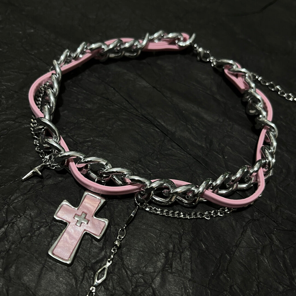 Y2K Pastel Goth Pink Cross Chain Choker - Sweet Cool Leather Necklace with Silver Tassels