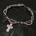 Y2K Pastel Goth Pink Cross Chain Choker - Sweet Cool Leather Necklace with Silver Tassels