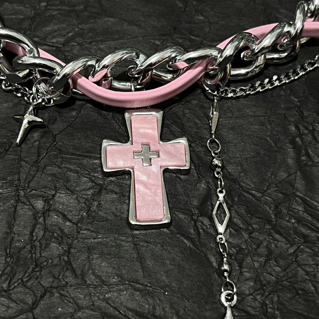 Y2K Pastel Goth Pink Cross Chain Choker - Sweet Cool Leather Necklace with Silver Tassels