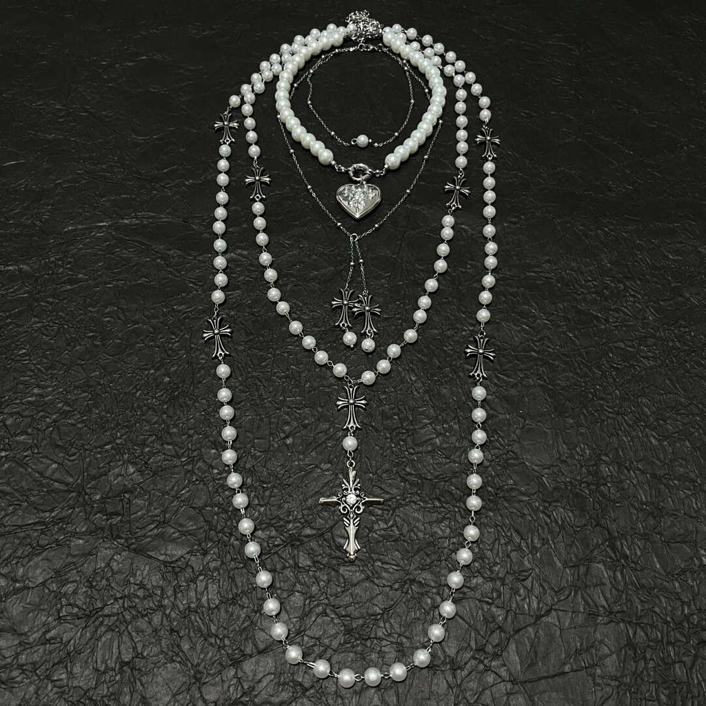 French Vintage 4-Piece Layered Pearl Rosary Necklace Set - Gothic Heart & Cross Charms (Coquette Aesthetic)