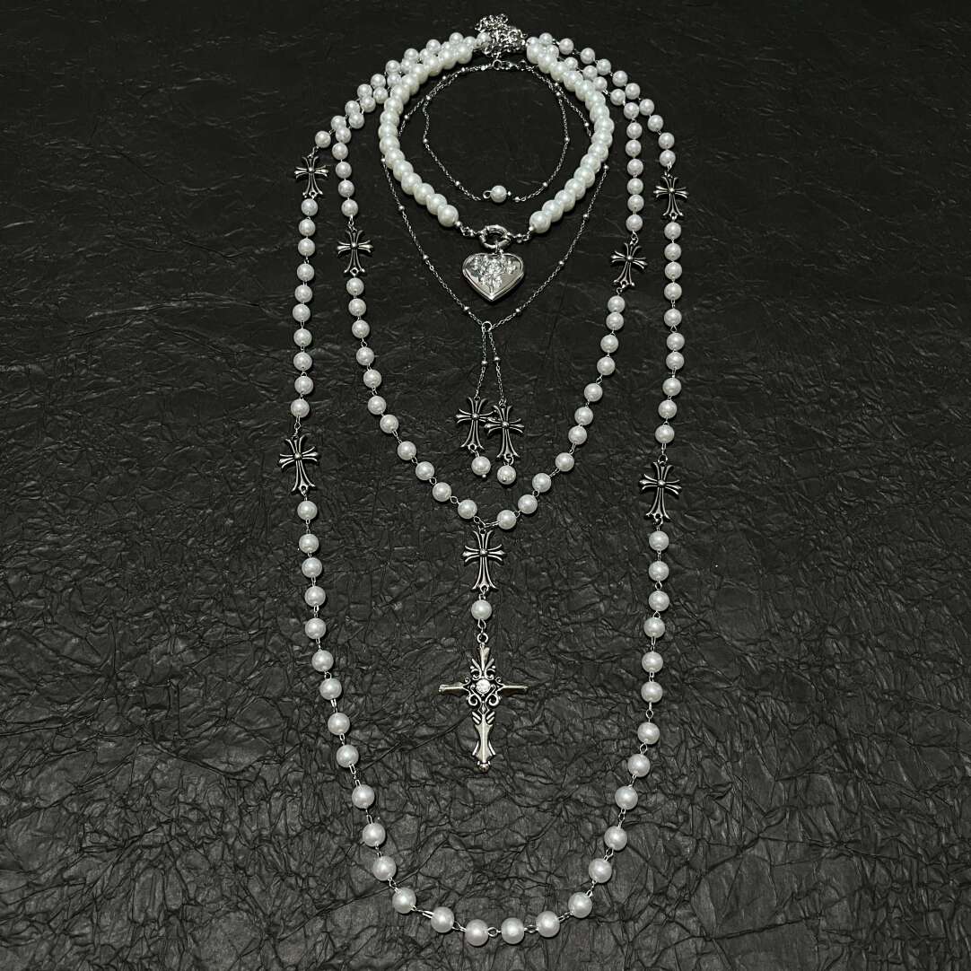 French Vintage 4-Piece Layered Pearl Rosary Necklace Set - Gothic Heart & Cross Charms (Coquette Aesthetic)