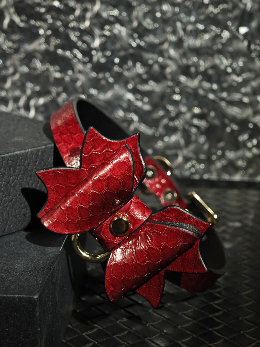 Crimson Dragon Scale Choker - Gothic Bat Wing Bow Collar | Blood Red Luxury Leather Necklace