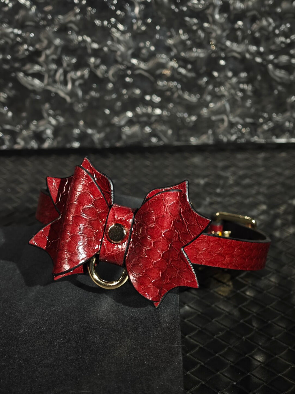 Crimson Dragon Scale Choker - Gothic Bat Wing Bow Collar | Blood Red Luxury Leather Necklace