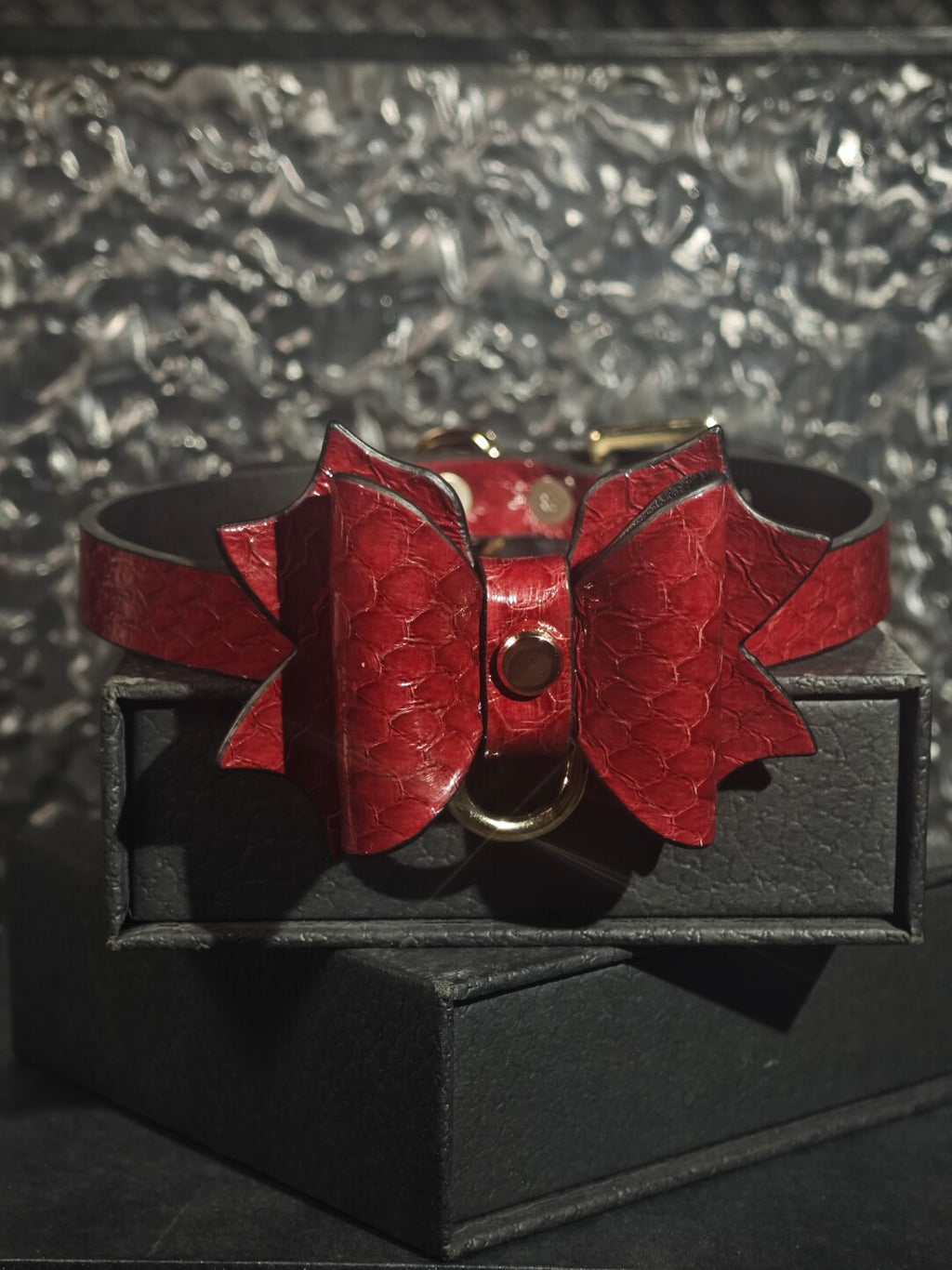 Crimson Dragon Scale Choker - Gothic Bat Wing Bow Collar | Blood Red Luxury Leather Necklace