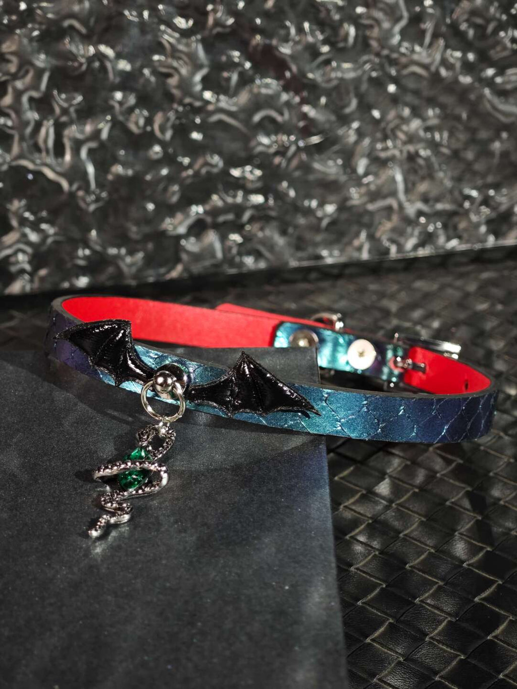 Gothic Bat Wing & Snake Charm Choker | Handmade Custom Faux Leather Collar with Green Gem