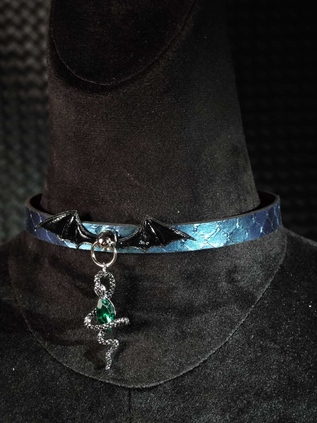 Gothic Bat Wing & Snake Charm Choker | Handmade Custom Faux Leather Collar with Green Gem