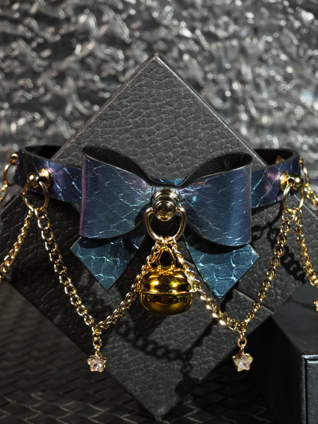 Celestial Nebula Bow Choker | Iridescent Blue-Purple Dragon Scale Leather Collar with Gold Bell & Star Chains