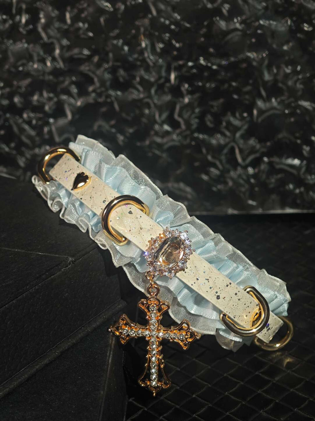 Rococo Angelic Lace Choker | White Marble & Blue Ruffle Collar with Gold Cross Pendant | Soft Goth Coquette Jewelry