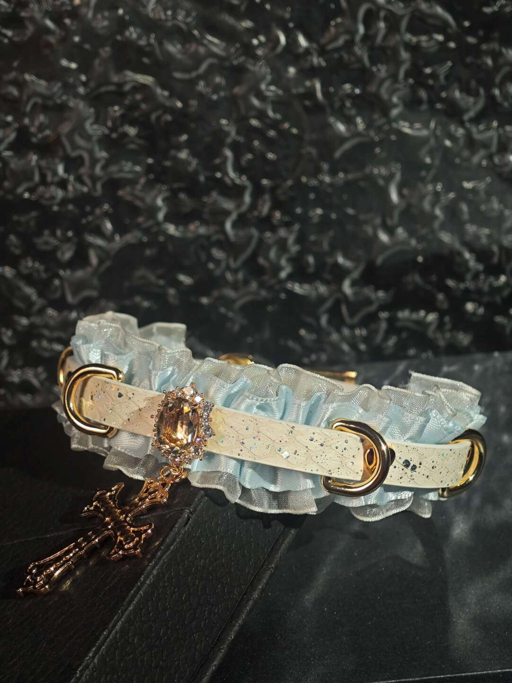 Rococo Angelic Lace Choker | White Marble & Blue Ruffle Collar with Gold Cross Pendant | Soft Goth Coquette Jewelry