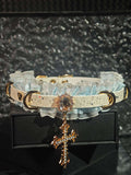 Rococo Angelic Lace Choker | White Marble & Blue Ruffle Collar with Gold Cross Pendant | Soft Goth Coquette Jewelry