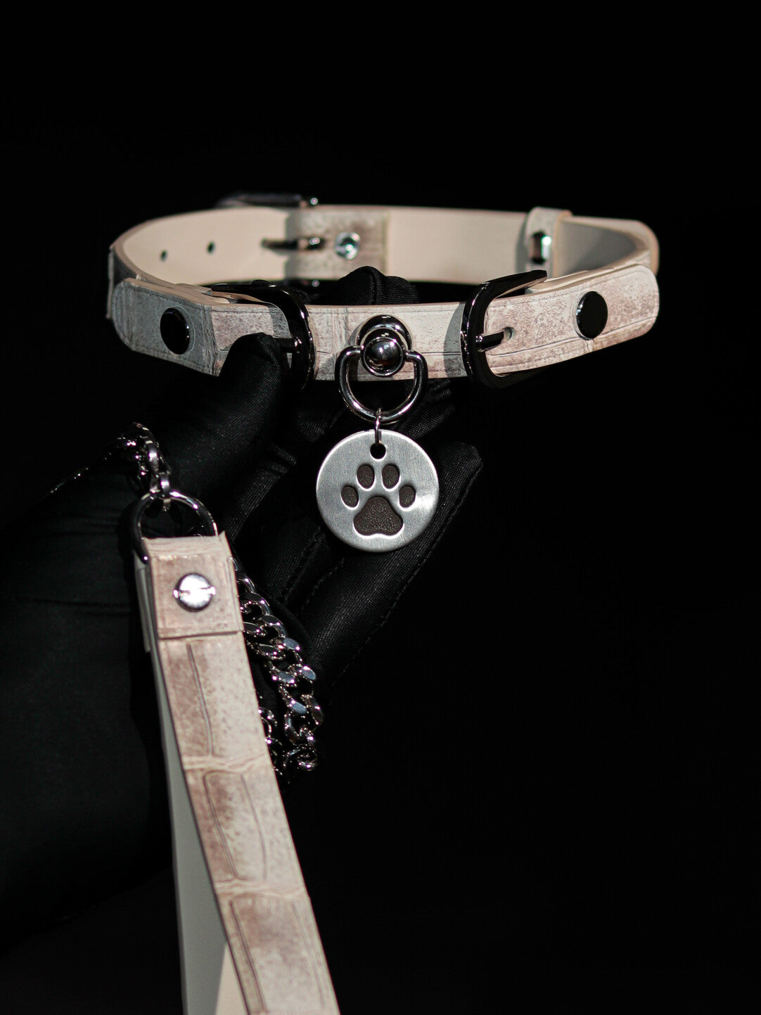 Handmade Himalayan Crocodile Leather Choker - Gradient White Exotic Skin Collar & Leash Set (Luxury Custom)