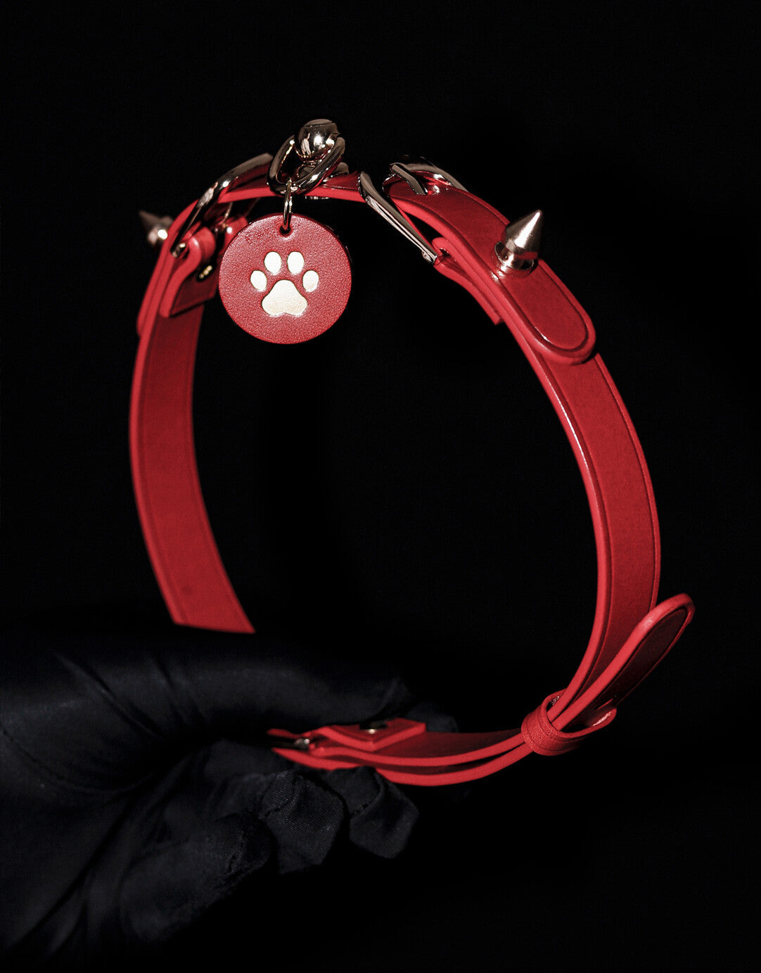 Handmade Italian Buttero Leather "Spike Trap" Cat Paw Choker - Black & Red Punk Spiked Collar