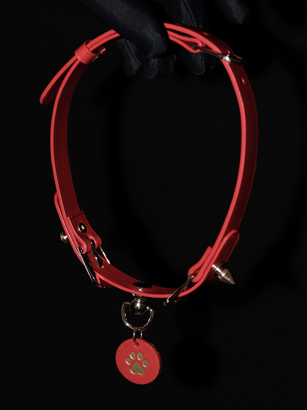 Handmade Italian Buttero Leather "Spike Trap" Cat Paw Choker - Black & Red Punk Spiked Collar