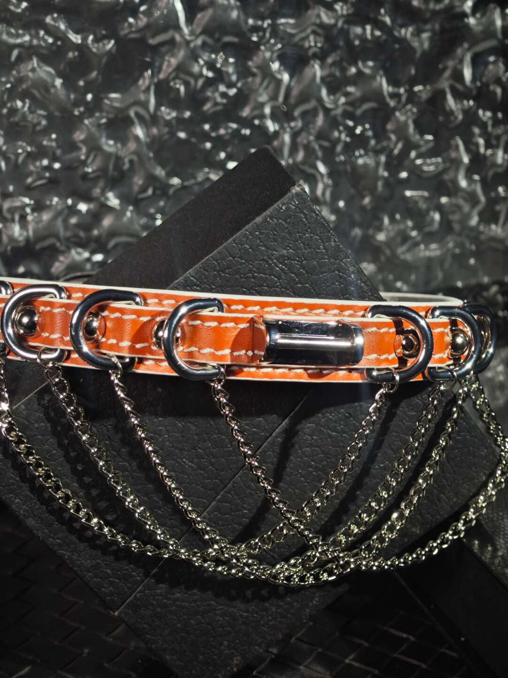 Luxury Saddle Orange Genuine Leather Choker | Heavy Silver Chain D-Ring Collar | High-Fashion Punk Jewelry (Handmade)