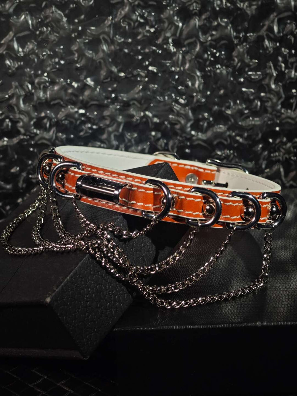 Luxury Saddle Orange Genuine Leather Choker | Heavy Silver Chain D-Ring Collar | High-Fashion Punk Jewelry (Handmade)