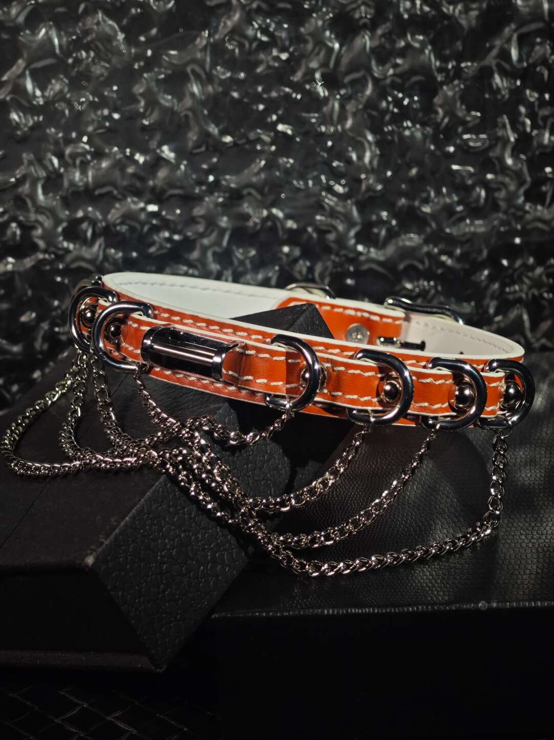 Luxury Saddle Orange Genuine Leather Choker | Heavy Silver Chain D-Ring Collar | High-Fashion Punk Jewelry (Handmade)