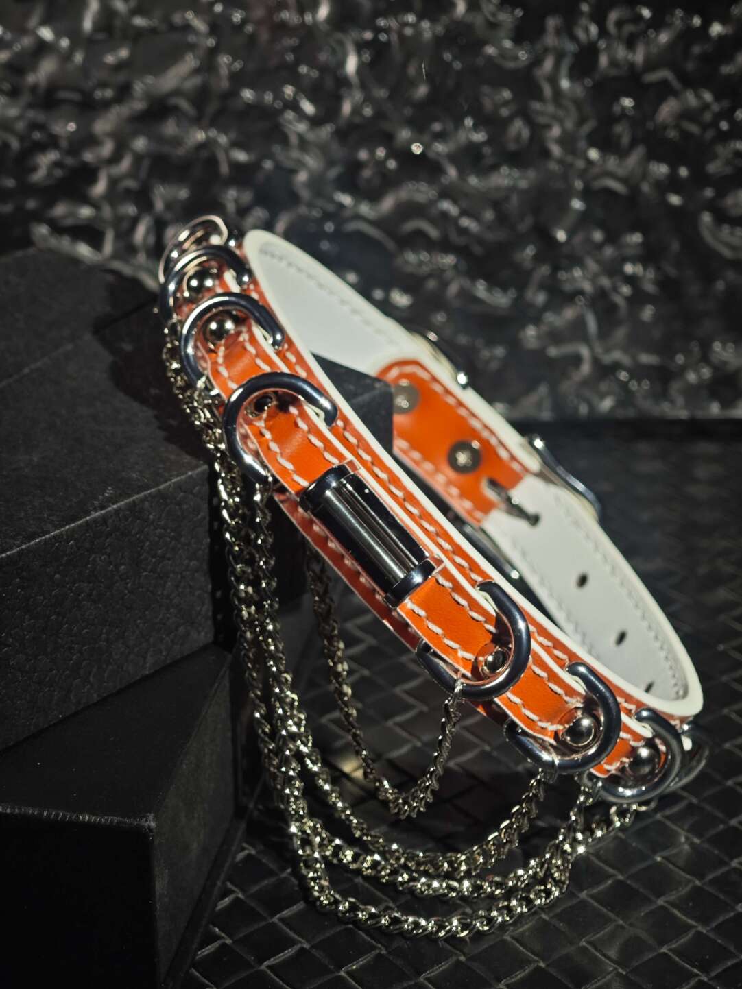 Luxury Saddle Orange Genuine Leather Choker | Heavy Silver Chain D-Ring Collar | High-Fashion Punk Jewelry (Handmade)