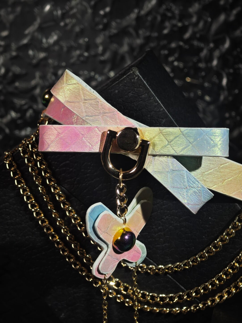 Pastel Goth Holographic Butterfly Choker - Iridescent Leather Bow Collar with Gold Chains & Fairycore Aesthetic