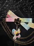 Pastel Goth Holographic Butterfly Choker - Iridescent Leather Bow Collar with Gold Chains & Fairycore Aesthetic
