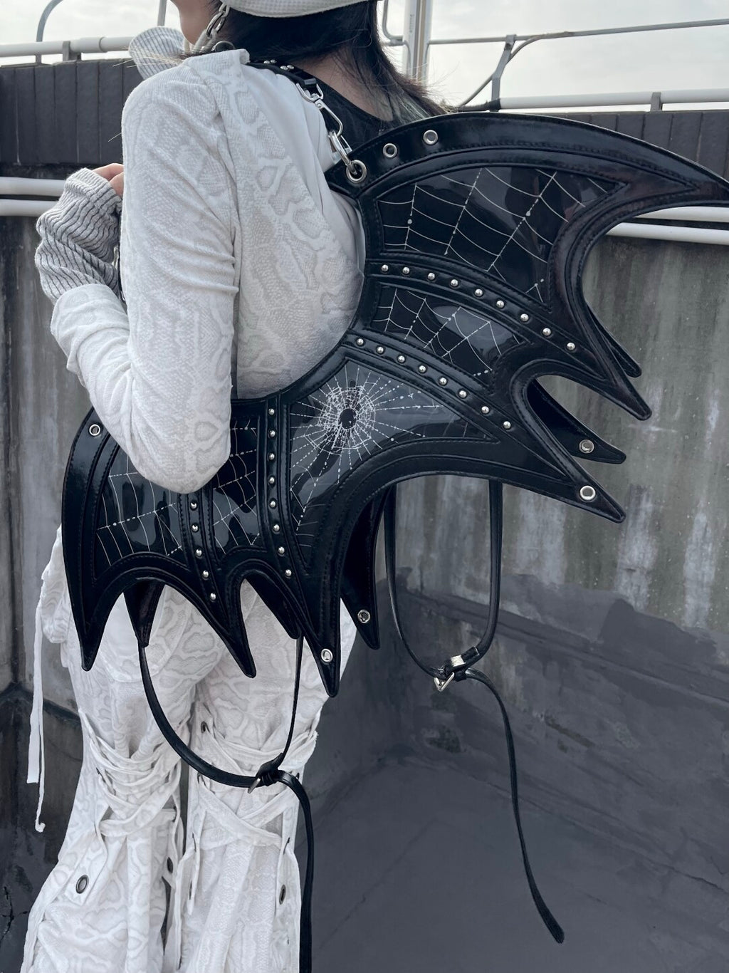 Y2K Gothic Bat Wing Spider Web Bag - Convertible Black Patent Backpack & Underarm Shoulder Bag (Multi-Way)