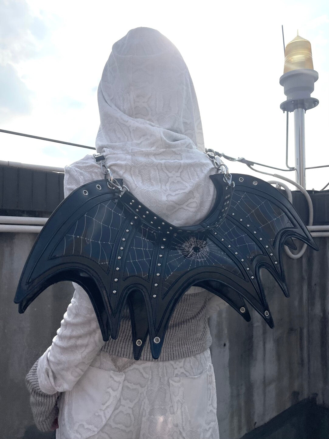 Y2K Gothic Bat Wing Spider Web Bag - Convertible Black Patent Backpack & Underarm Shoulder Bag (Multi-Way)