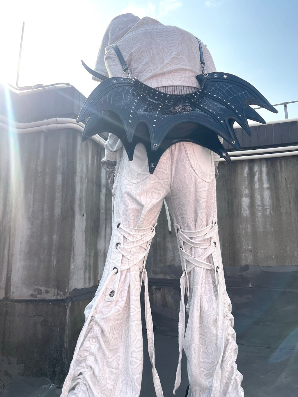 Y2K Gothic Bat Wing Spider Web Bag - Convertible Black Patent Backpack & Underarm Shoulder Bag (Multi-Way)