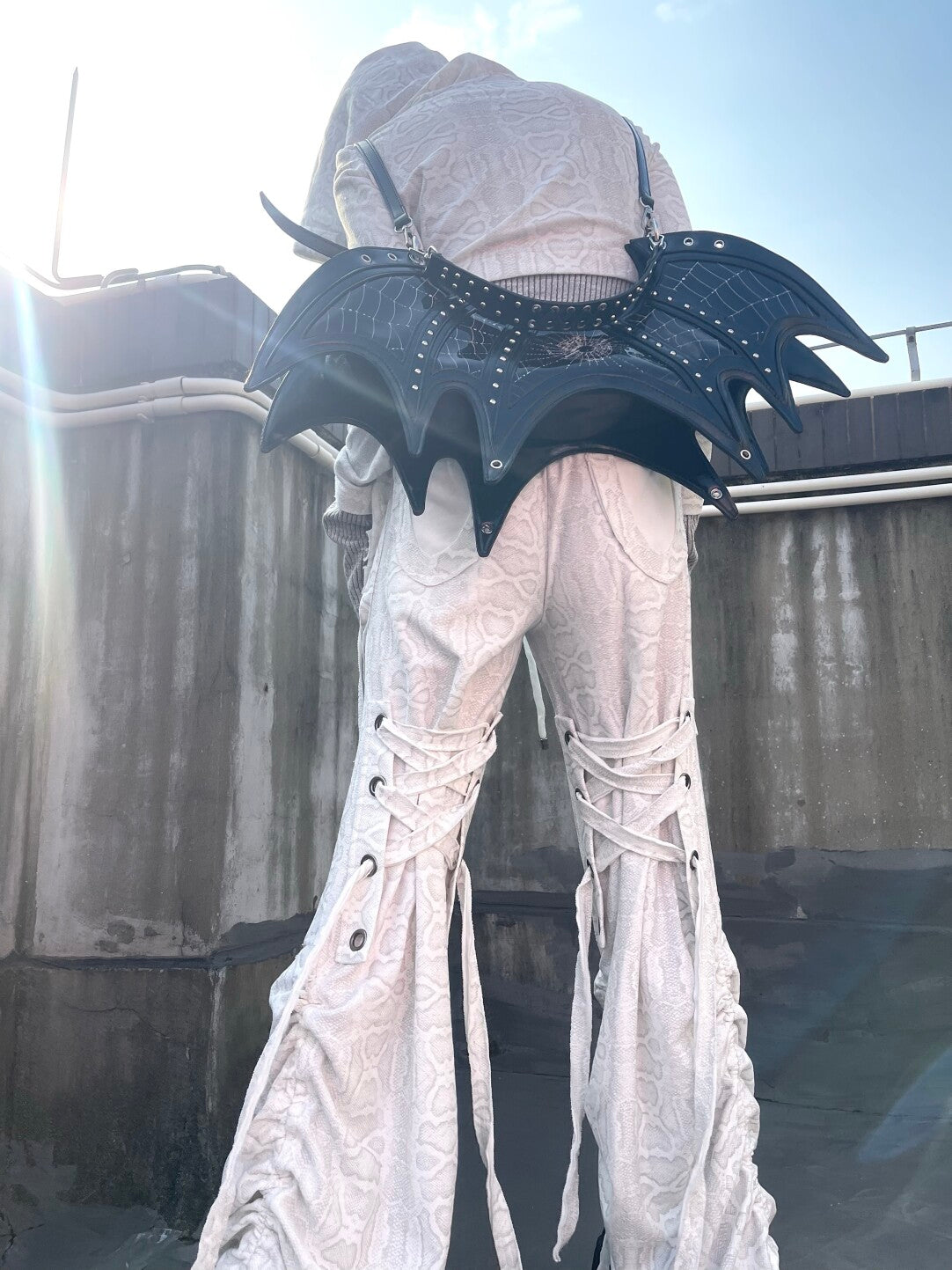 Y2K Gothic Bat Wing Spider Web Bag - Convertible Black Patent Backpack & Underarm Shoulder Bag (Multi-Way)