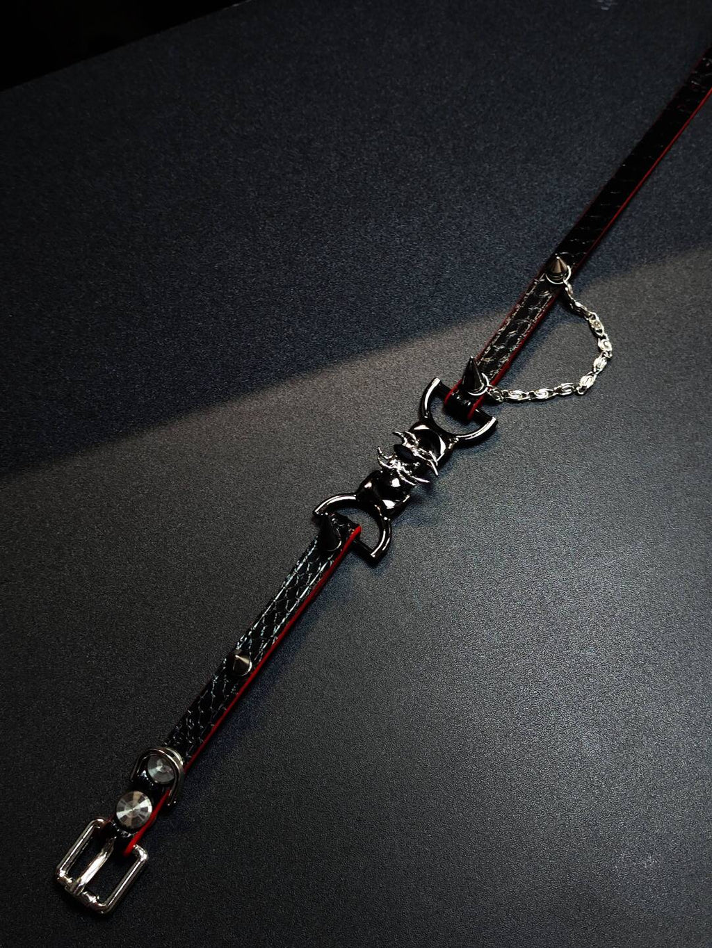 Gothic Spider Spike Choker - Black & Red Genuine Leather Collar with Silver Chain | Custom Engraving Punk Necklace