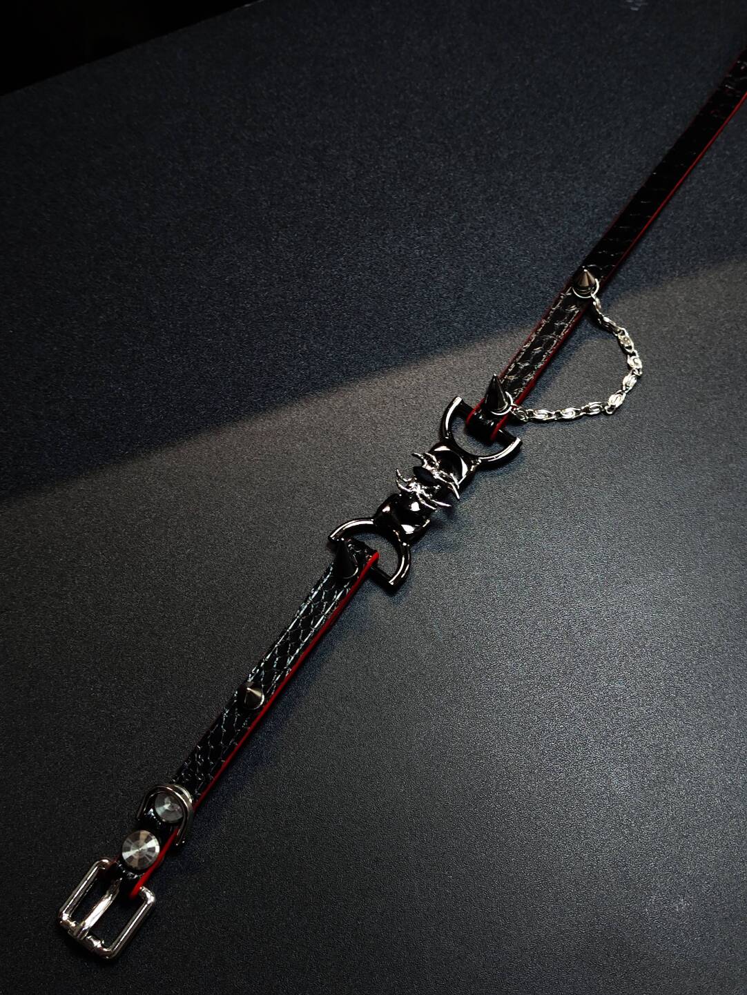 Gothic Spider Spike Choker - Black & Red Genuine Leather Collar with Silver Chain | Custom Engraving Punk Necklace