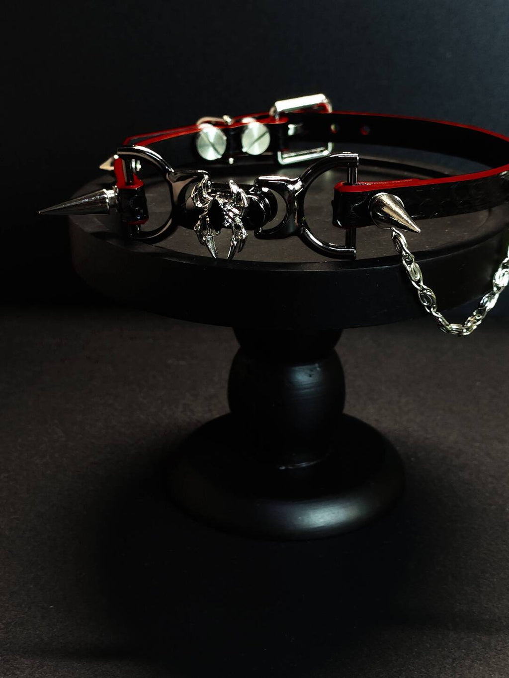 Gothic Spider Spike Choker - Black & Red Genuine Leather Collar with Silver Chain | Custom Engraving Punk Necklace