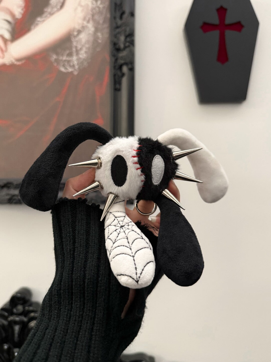 Y2K Punk Anti-Cony Skeleton Rabbit Plush Keyring - Black & White "Yin Yang" Edition Bag Charm with Spikes