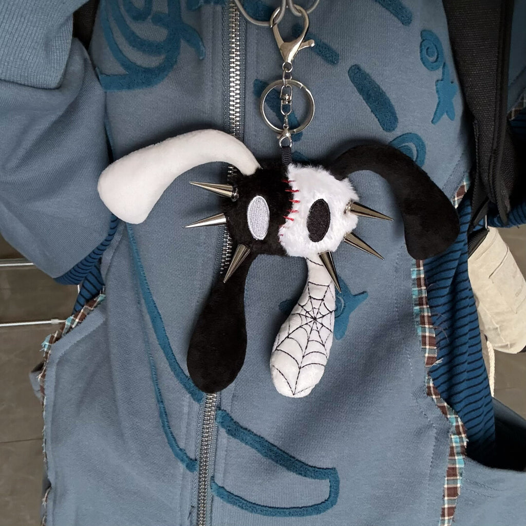 Y2K Punk Anti-Cony Skeleton Rabbit Plush Keyring - Black & White "Yin Yang" Edition Bag Charm with Spikes