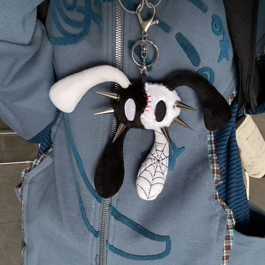 Y2K Punk Anti-Cony Skeleton Rabbit Plush Keyring - Black & White "Yin Yang" Edition Bag Charm with Spikes