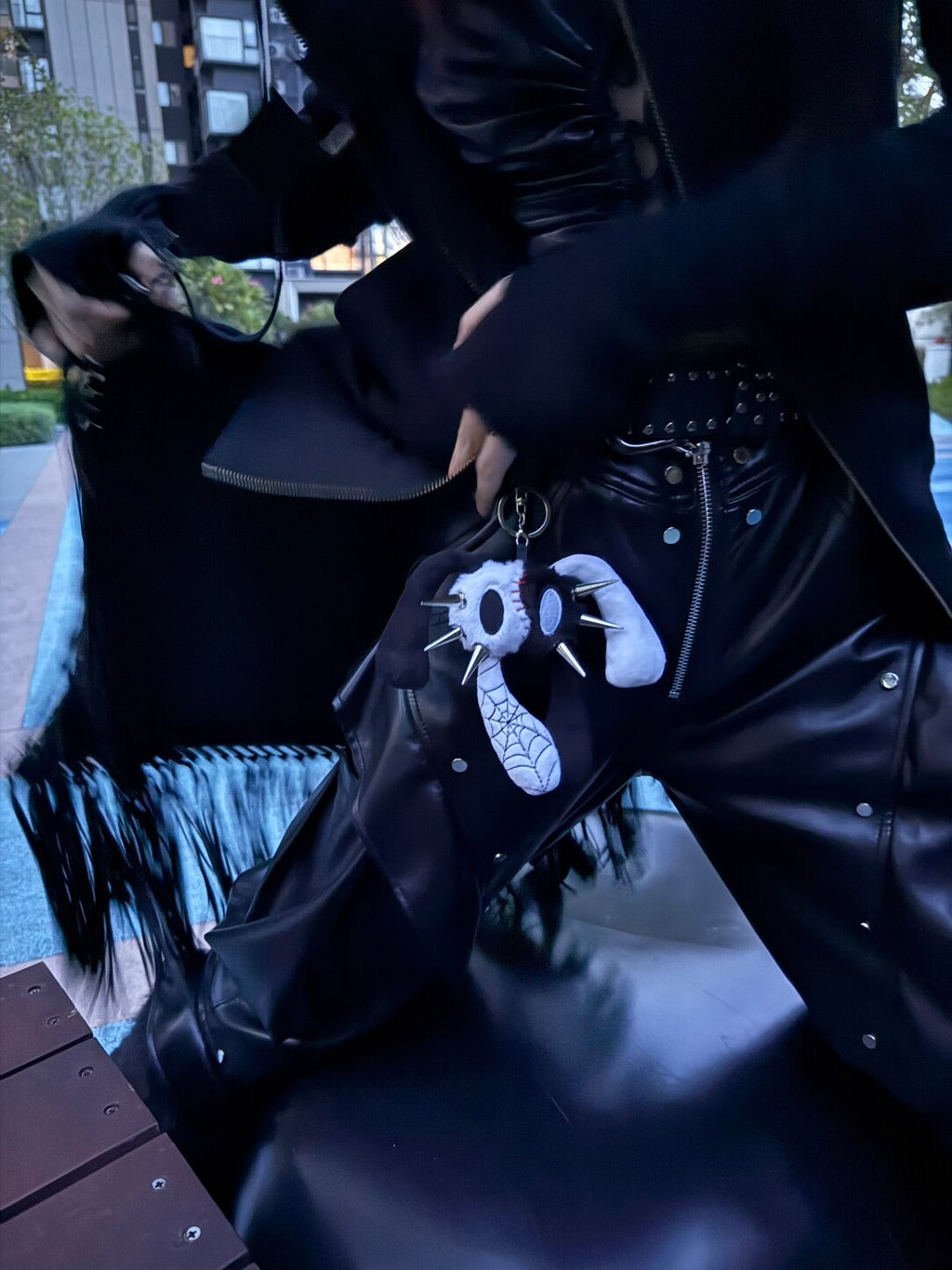 Y2K Punk Anti-Cony Skeleton Rabbit Plush Keyring - Black & White "Yin Yang" Edition Bag Charm with Spikes