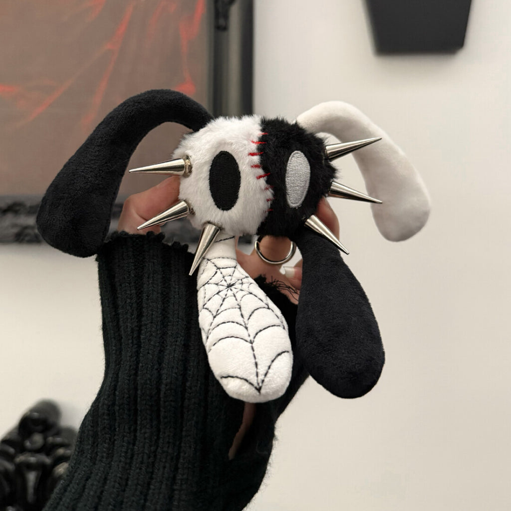 Y2K Punk Anti-Cony Skeleton Rabbit Plush Keyring - Black & White "Yin Yang" Edition Bag Charm with Spikes
