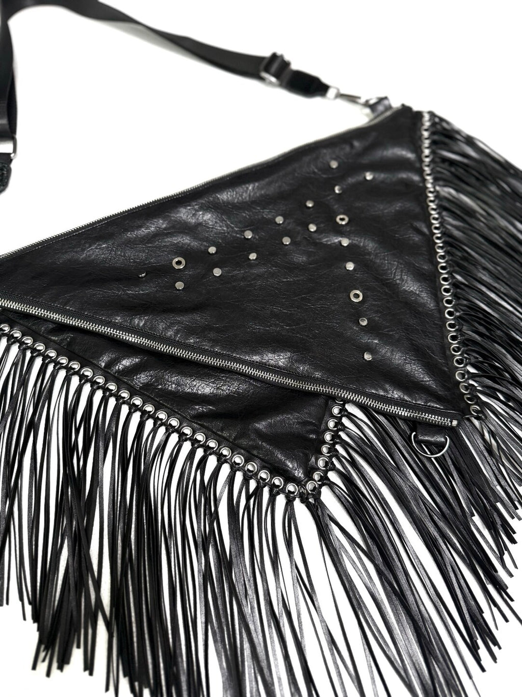 Y2K Western Goth Black Tassel Crossbody Bag - Punk Bohemian Fringe Shoulder Bag with Studded Details