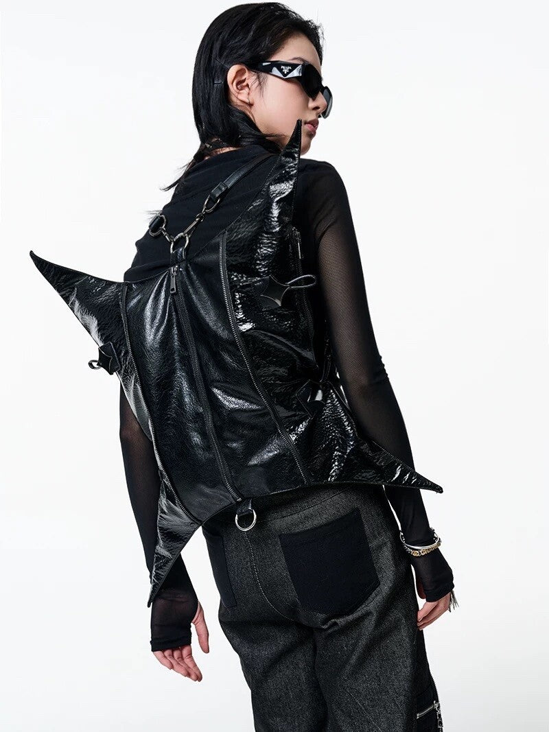 Y2K Avant-Garde Black 4-Pointed Star Backpack - Convertible Cyberpunk Crossbody Bag (Shuriken Shape)
