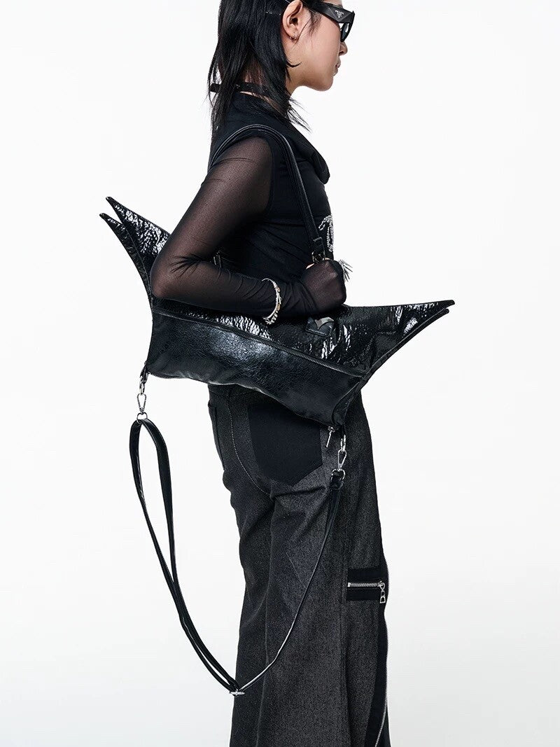 Y2K Avant-Garde Black 4-Pointed Star Backpack - Convertible Cyberpunk Crossbody Bag (Shuriken Shape)