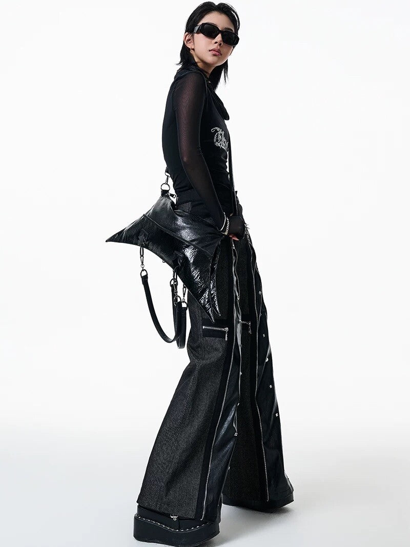 Y2K Avant-Garde Black 4-Pointed Star Backpack - Convertible Cyberpunk Crossbody Bag (Shuriken Shape)