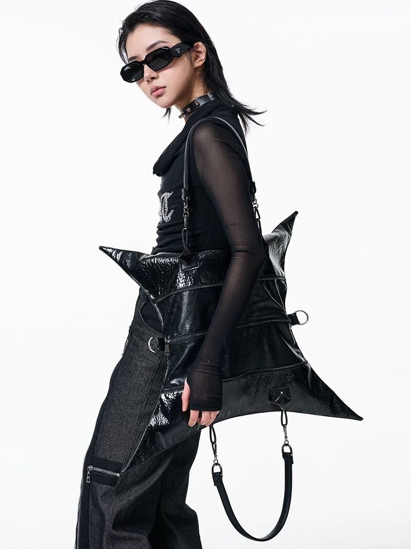 Y2K Avant-Garde Black 4-Pointed Star Backpack - Convertible Cyberpunk Crossbody Bag (Shuriken Shape)