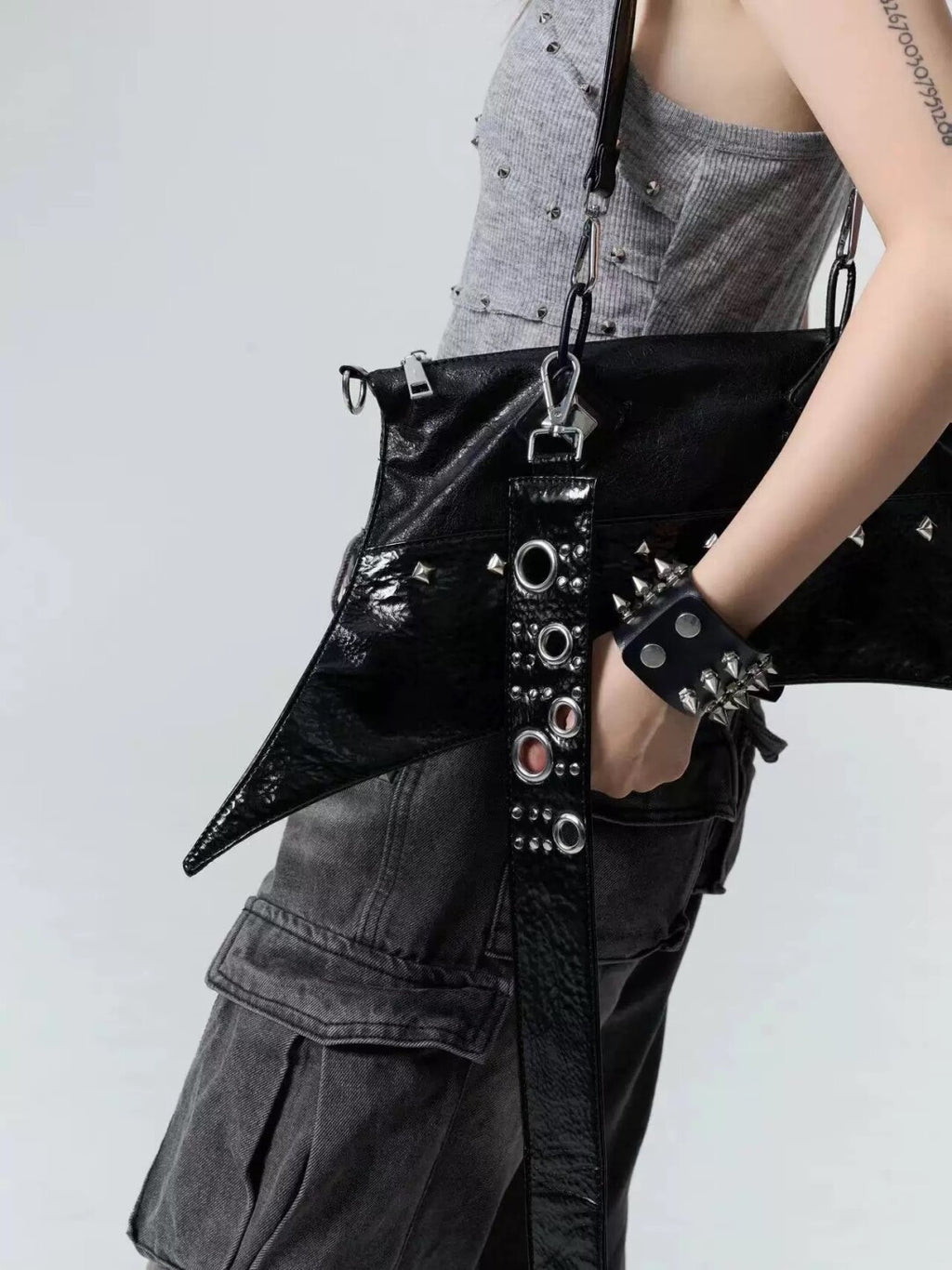 Y2K Gothic Black Patent Pointed Shoulder Bag - Bat Wing Crossbody with Studded Convertible Belt Strap