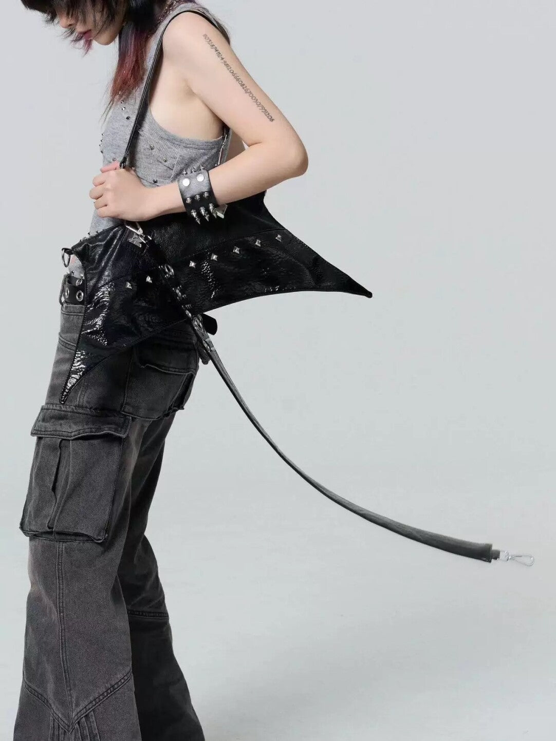 Y2K Gothic Black Patent Pointed Shoulder Bag - Bat Wing Crossbody with Studded Convertible Belt Strap