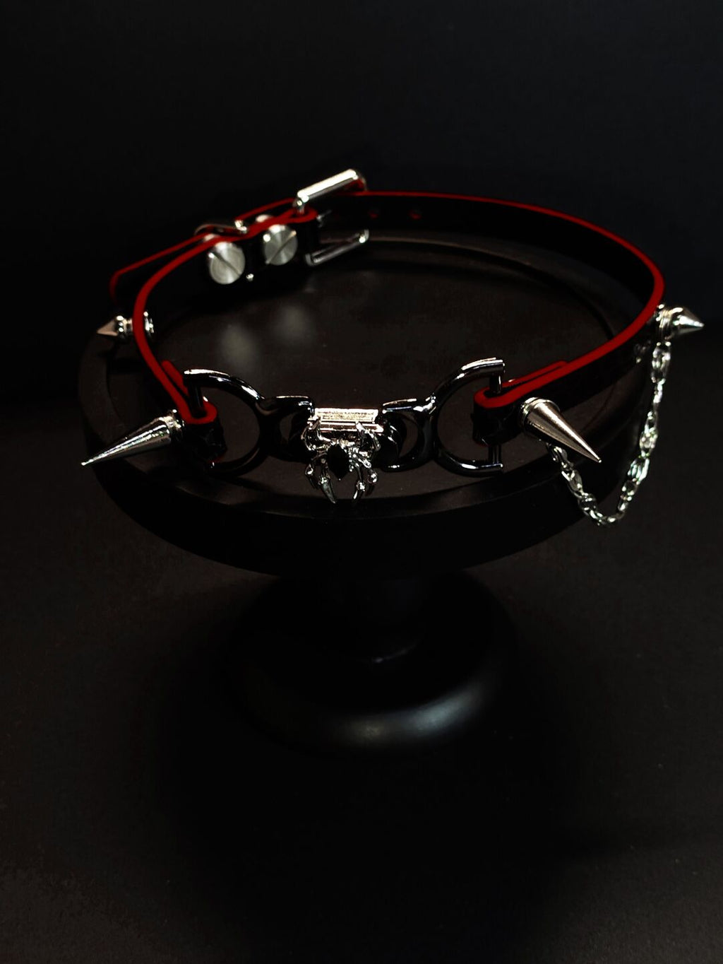 Gothic Spider Spike Choker - Black & Red Genuine Leather Collar with Silver Chain | Custom Engraving Punk Necklace