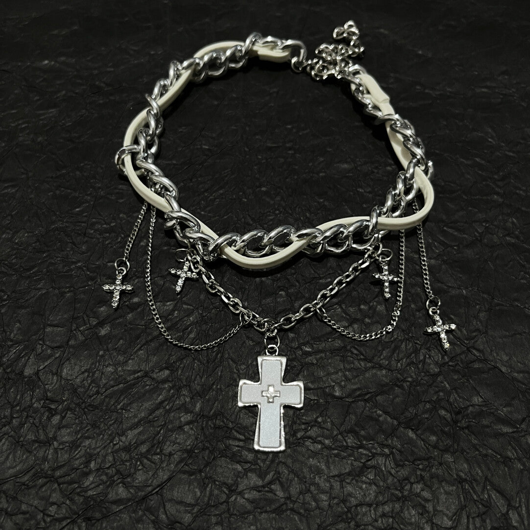 Y2K Gothic White Cross Choker Layered Chain Necklace - Sweet Cool Angel Aesthetic